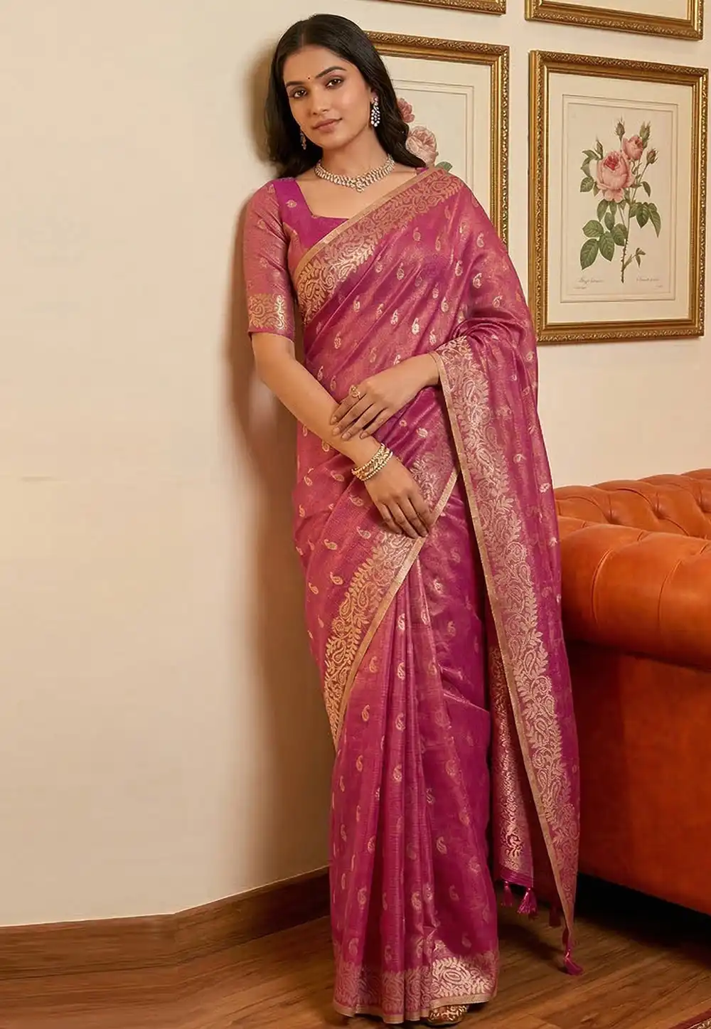 Pink Tissue Silk Saree With Blouse 326686
