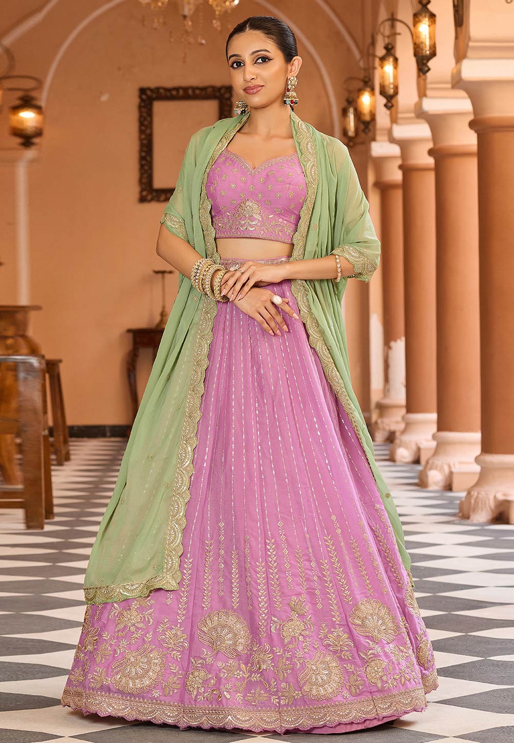 Pink Tissue Silk Wedding Lehenga Choli 319401