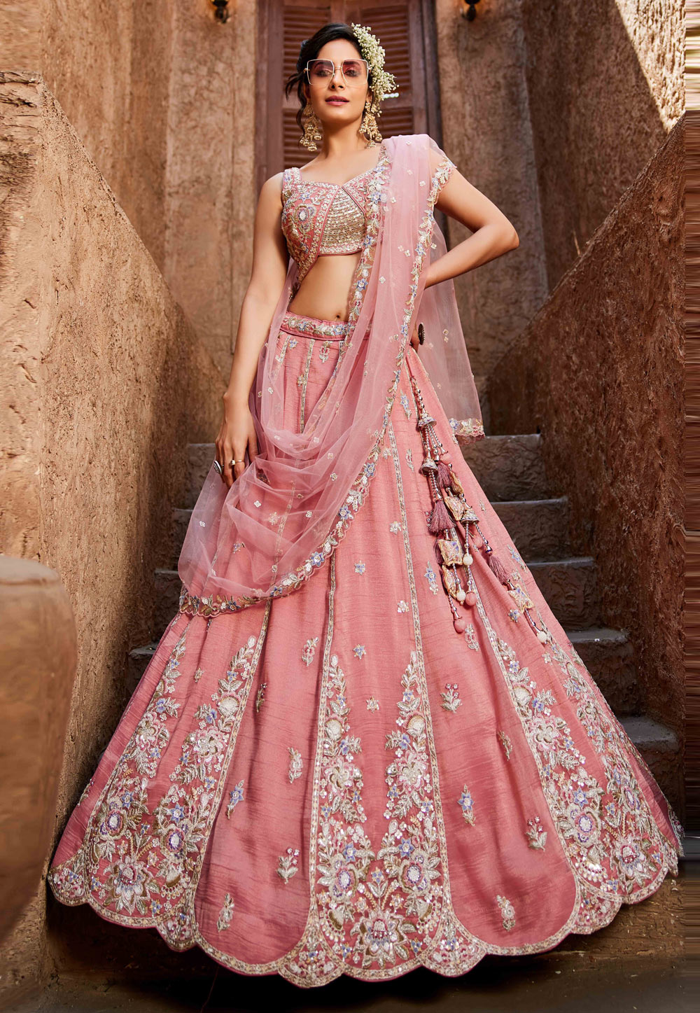 Pink Tissue Wedding Lehenga Choli 306626