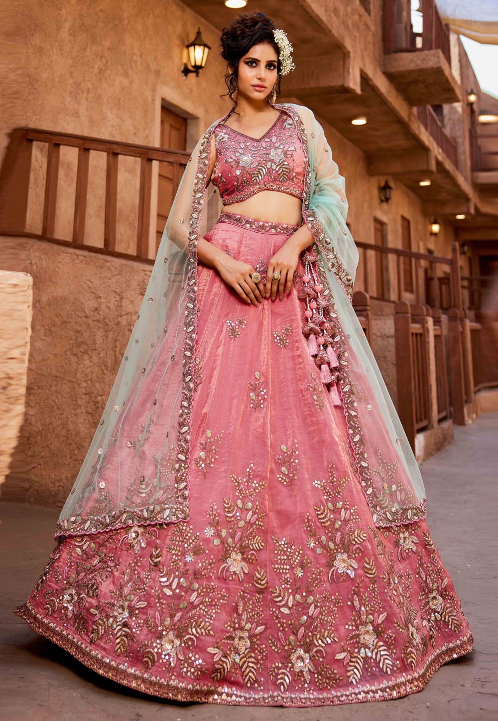 Pink Tissue Wedding Lehenga Choli 306638