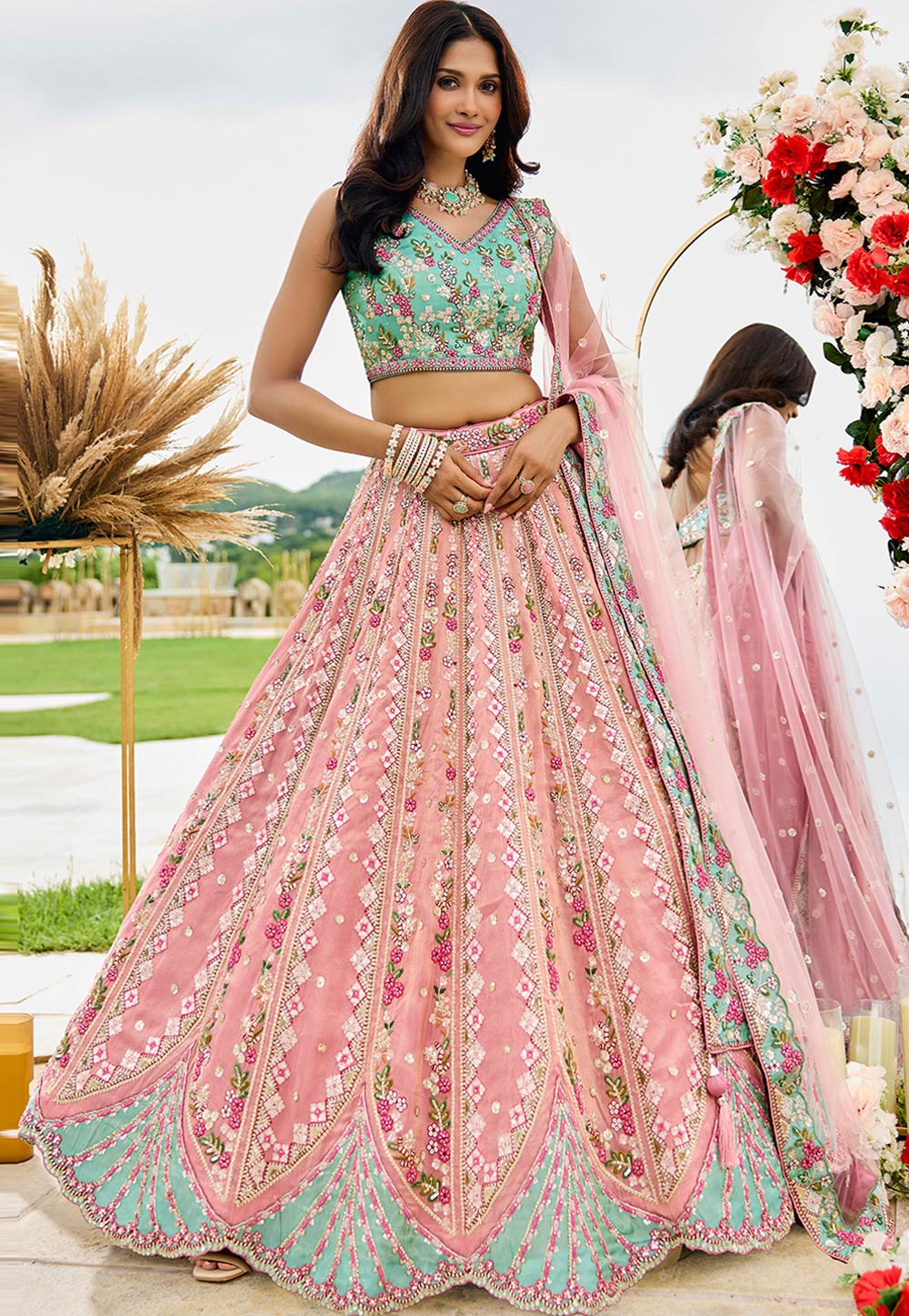 Pink Tissue Wedding Lehenga Choli 318082