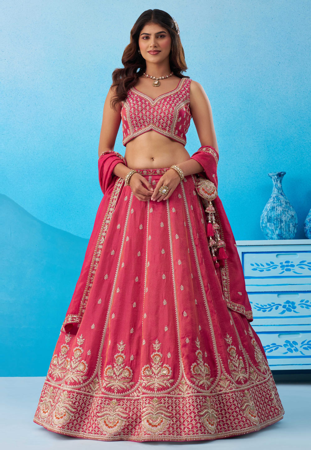 Pink Tissue Wedding Lehenga Choli 328217