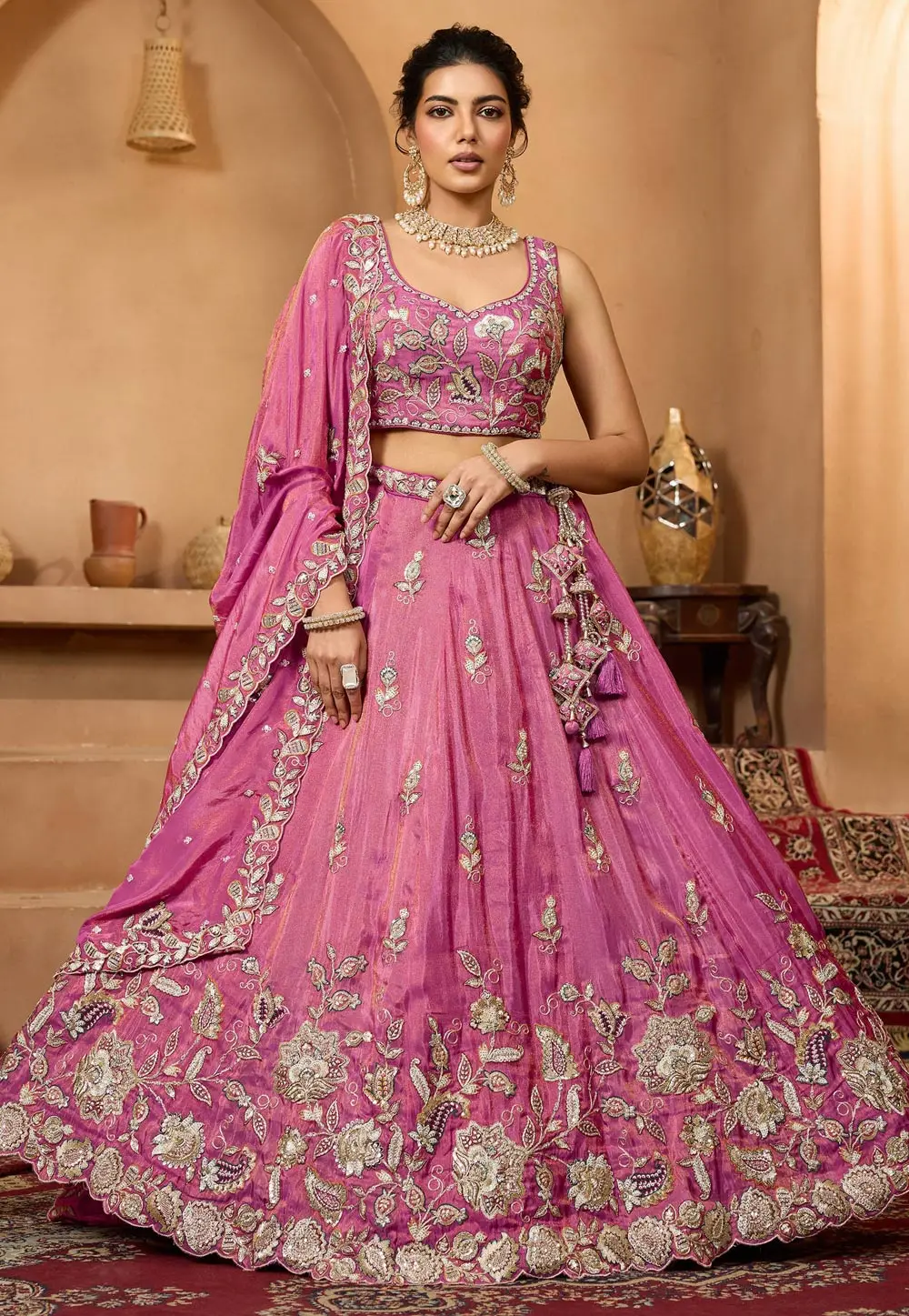 Pink Tissue Wedding Lehenga Choli 332361
