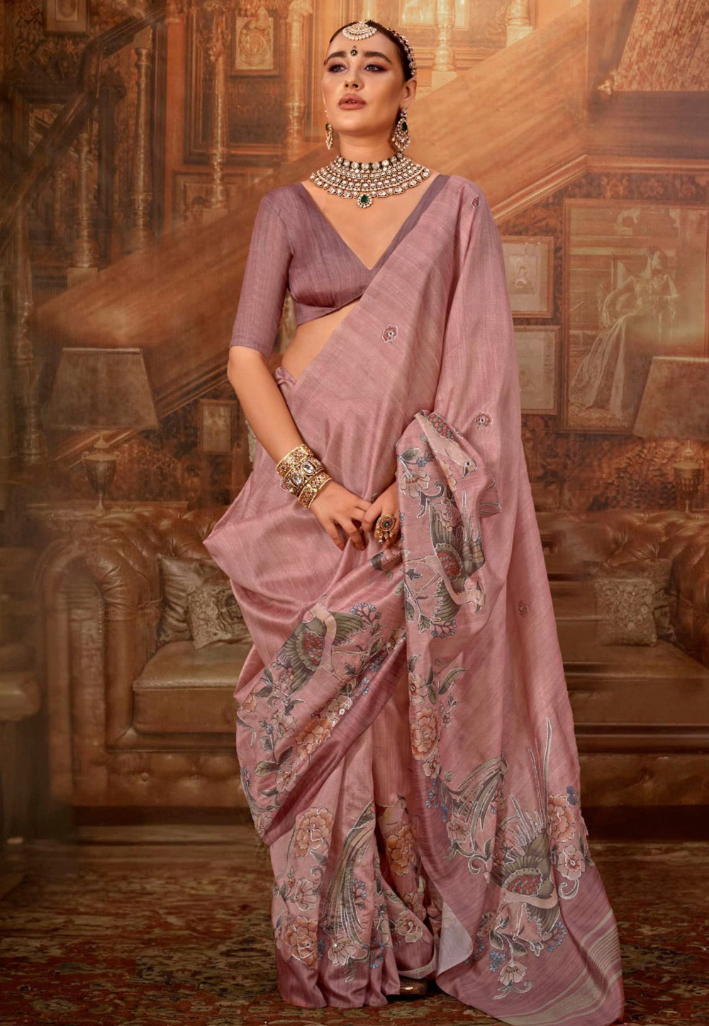 Pink Tussar Silk Saree With Blouse 322135