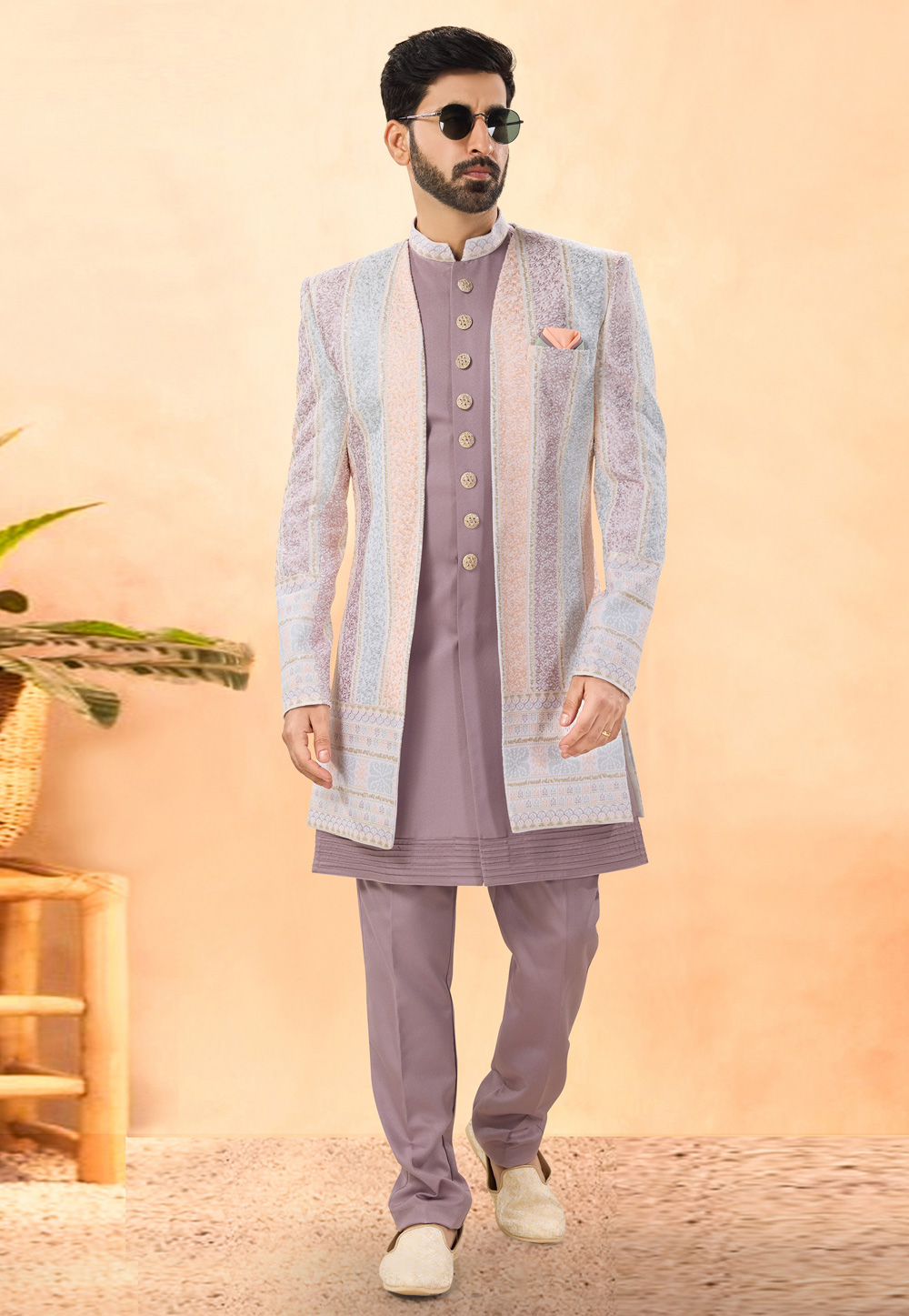 Pink Velvet Indo Western Suit 306147
