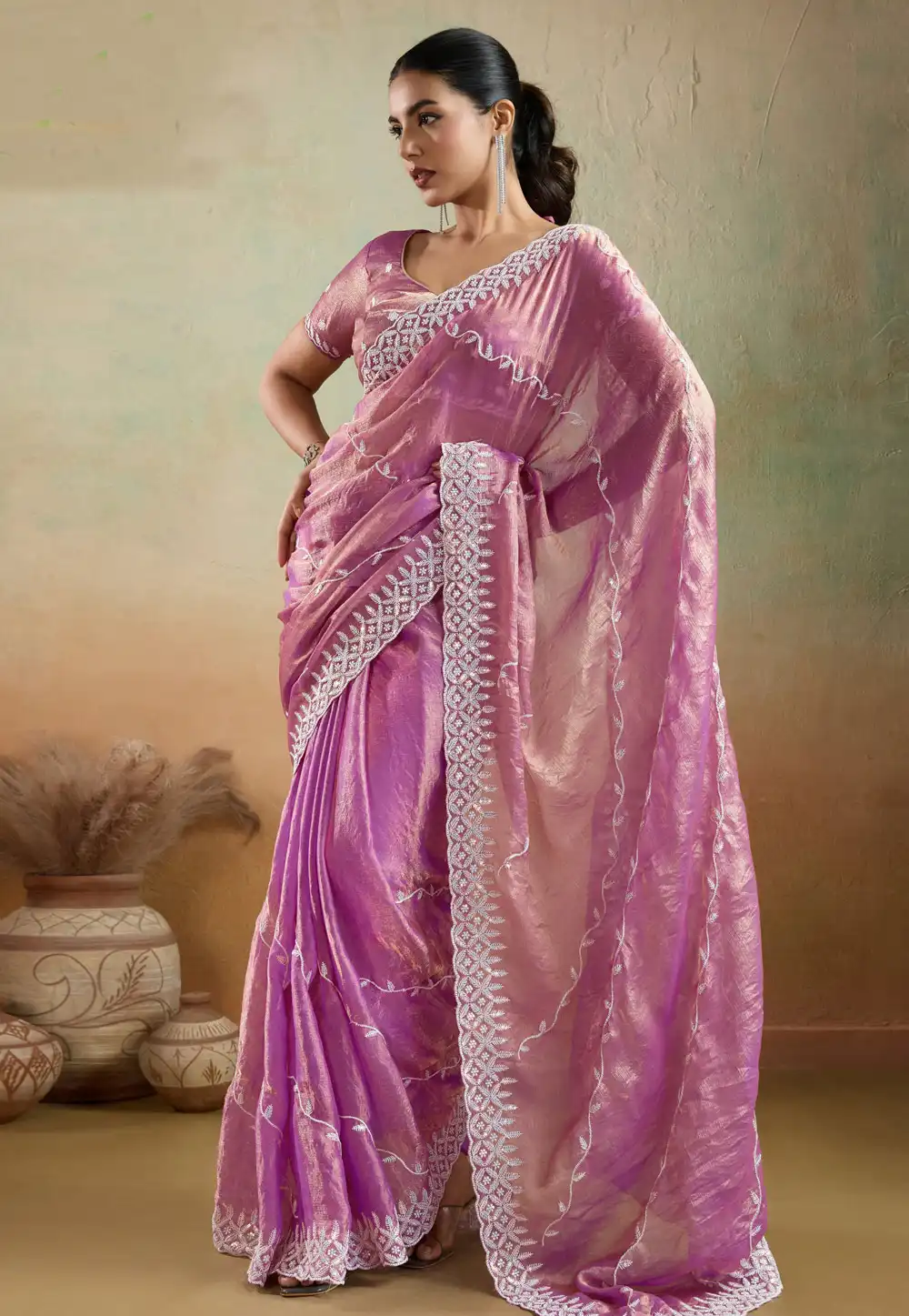 Pink Velvet Saree With Blouse 316995