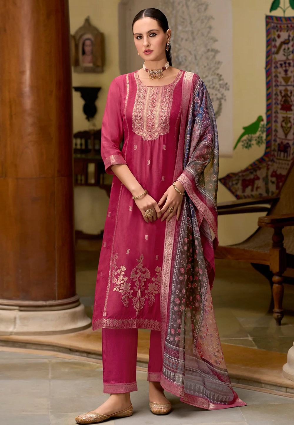 Pink Viscose Jacquard Readymade Pant Style Suit 307104