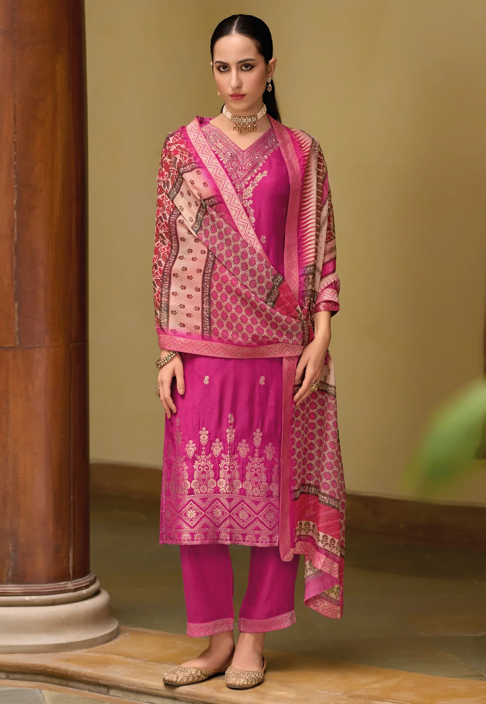 Pink Viscose Jacquard Readymade Pant Style Suit 307106