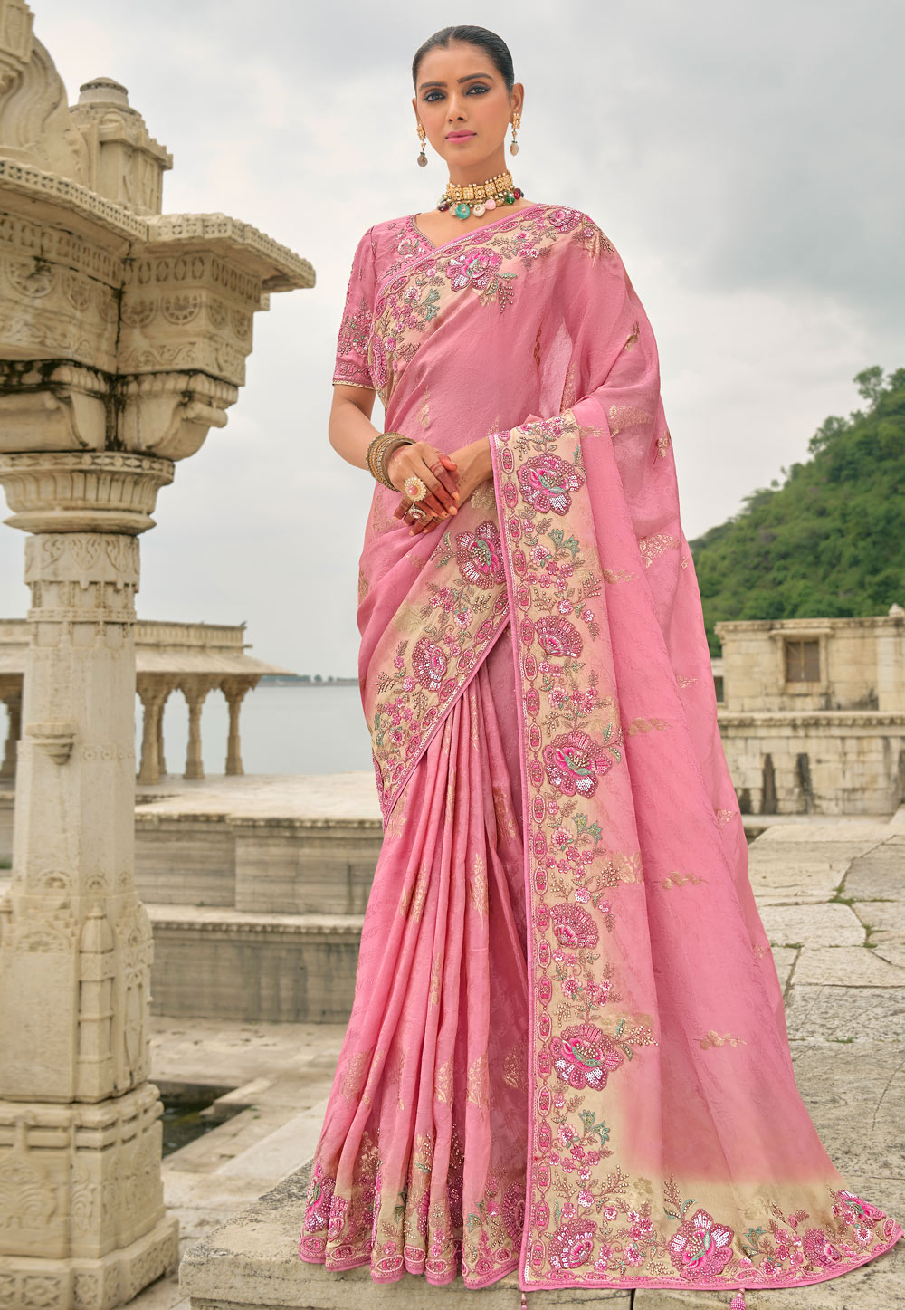 Pink Viscose Jacquard Saree With Blouse 307806
