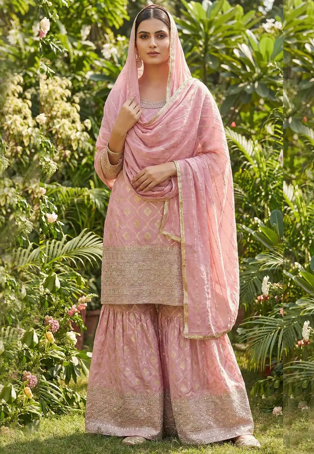 Pink Viscose Jacquard Sharara Suit 321435