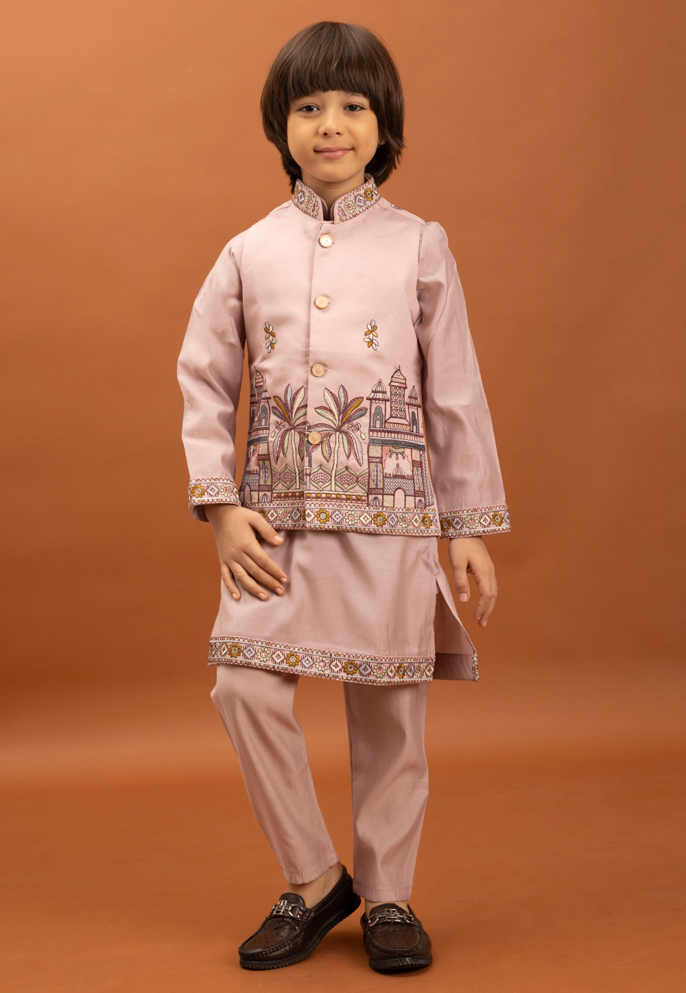 Pink Viscose Kids Kurta Pajama With Jacket 316418