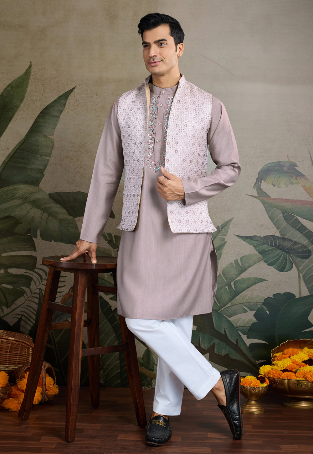 Pink Viscose Kurta Pajama With Jacket 311439