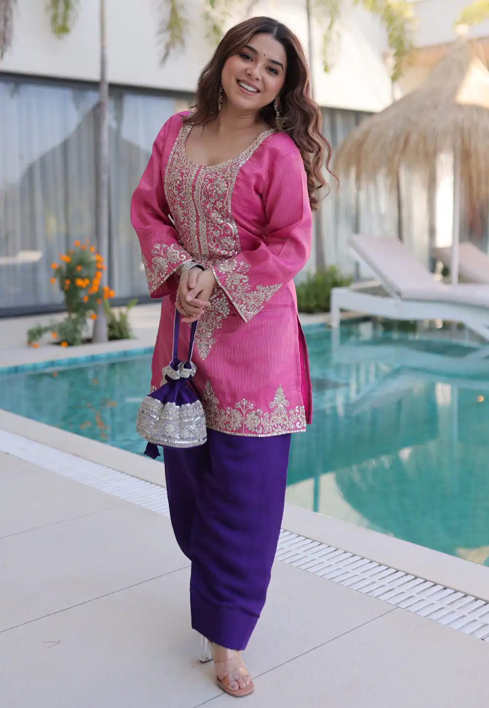 Pink Viscose Kurta Set With Palazzo 326552