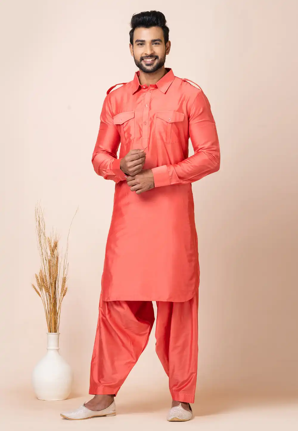 Pink Viscose Pathani Suit 286243