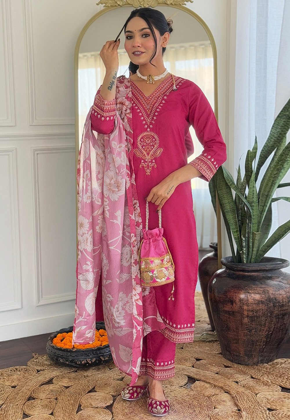 Pink Viscose Rayon Readymade Pakistani Suit 307147