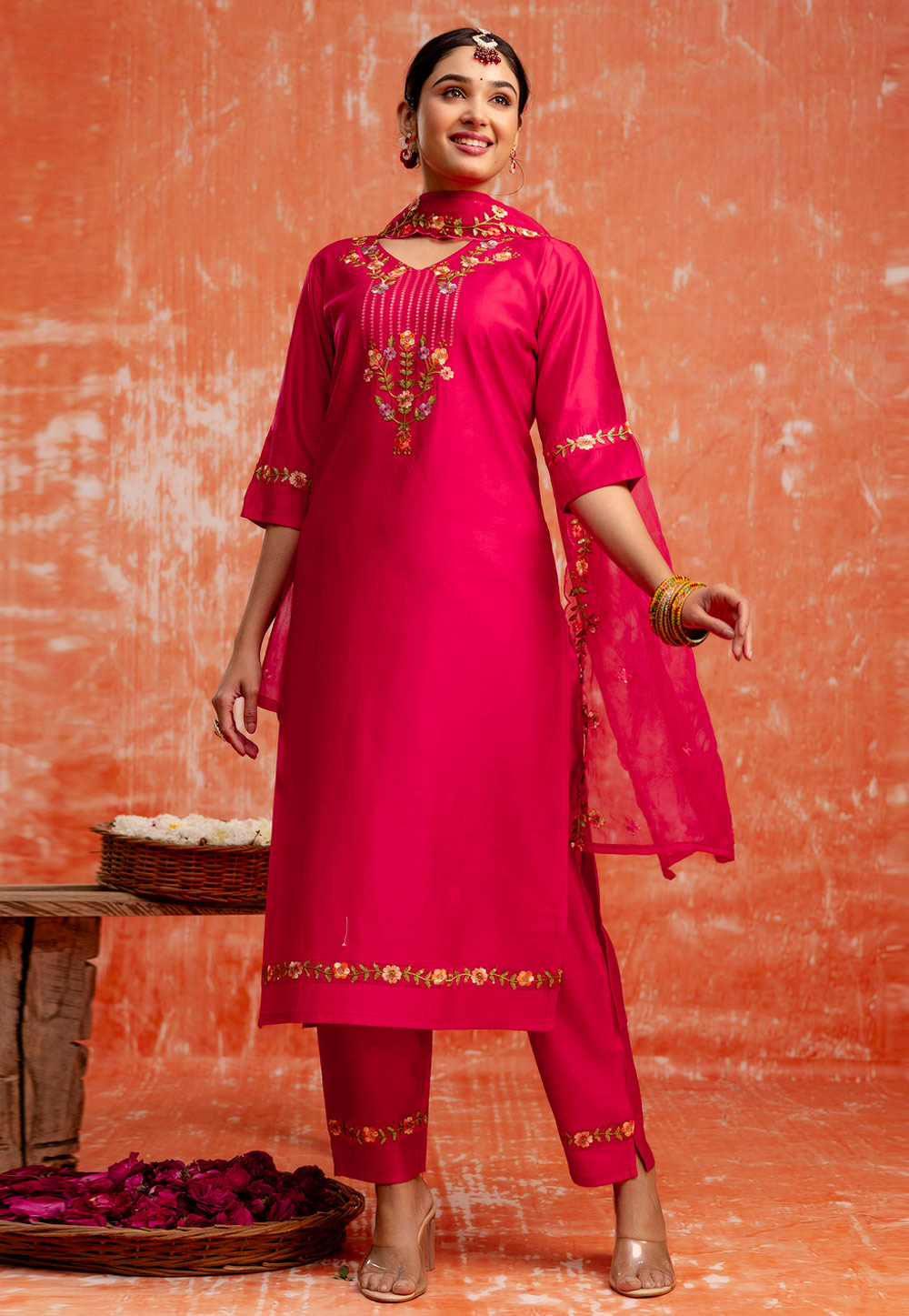 Pink Viscose Rayon Readymade Pant Style Suit 311344