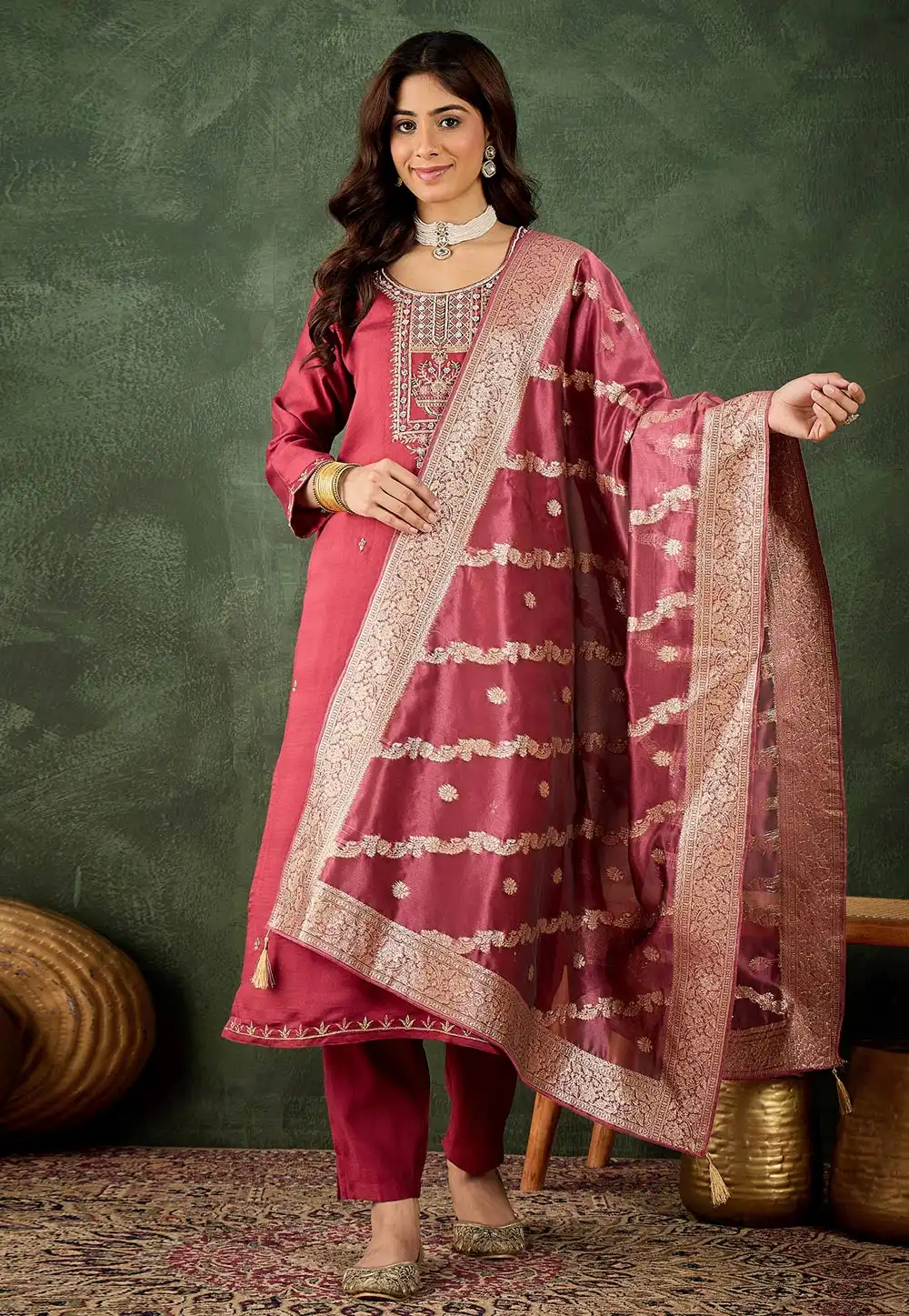 Pink Viscose Rayon Readymade Pant Style Suit 314339