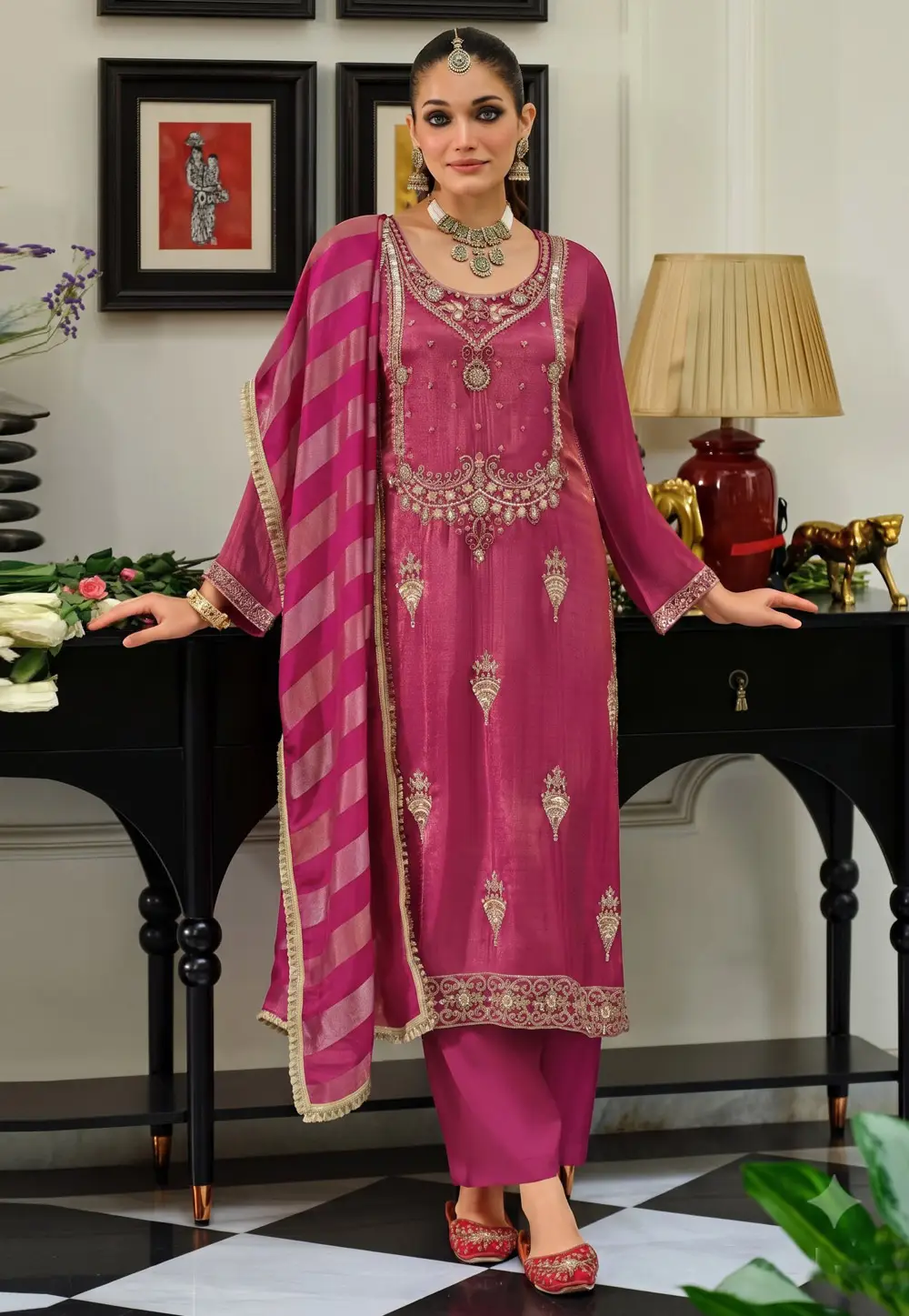 Pink Viscose Readymade Pakistani Suit 336651