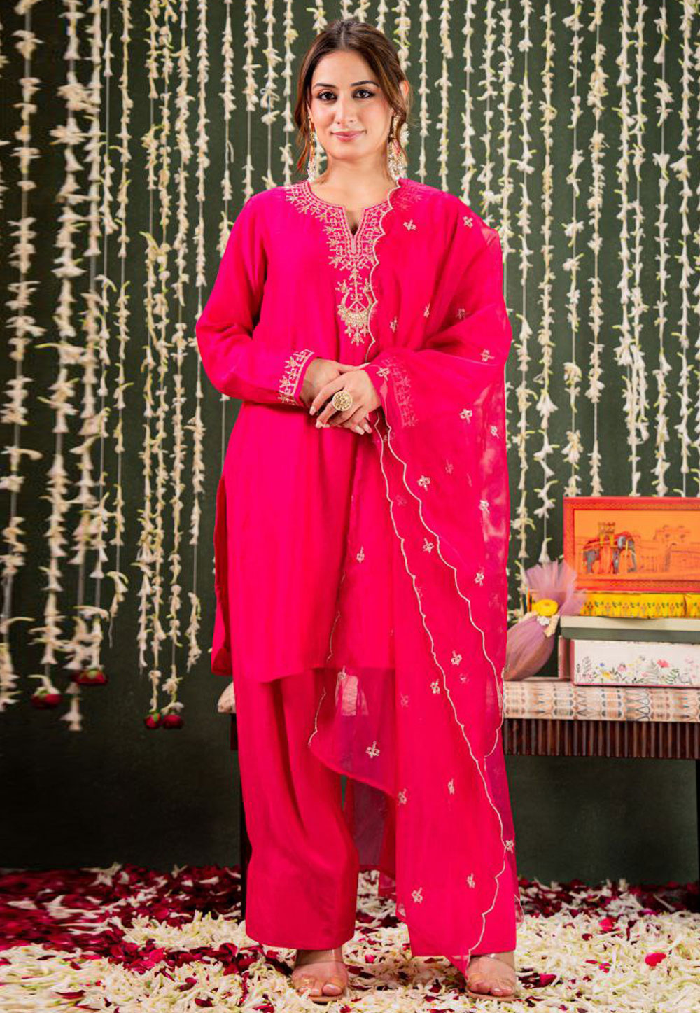 Pink Viscose Readymade Palazzo Suit 324429