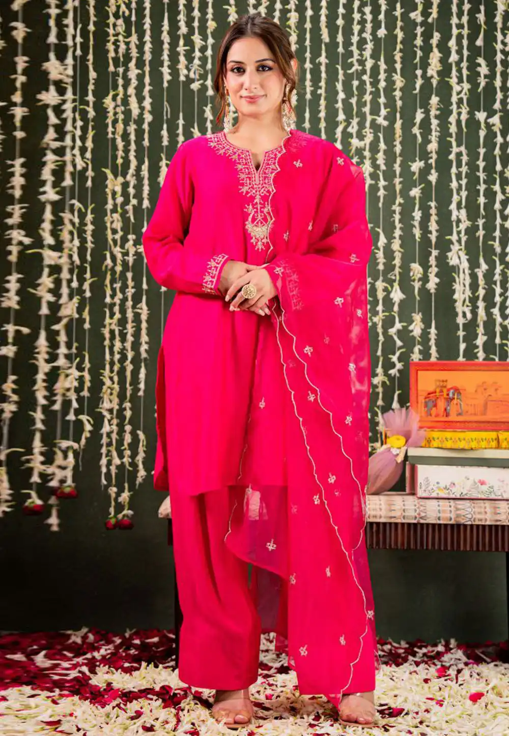 Pink Viscose Readymade Palazzo Suit 324429