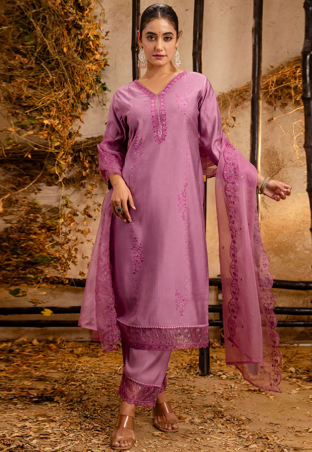 Pink Viscose Readymade Pant Style Suit 308080