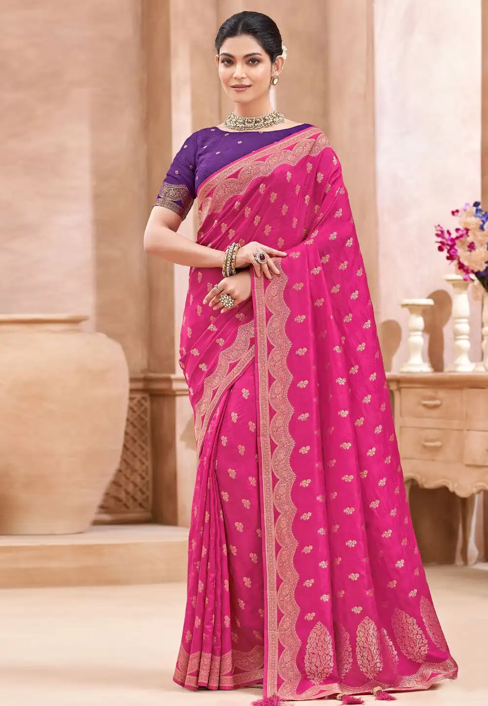Pink Viscose Saree With Blouse 325291