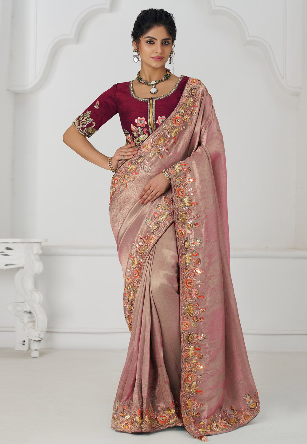 Pink Viscose Saree With Blouse 308983