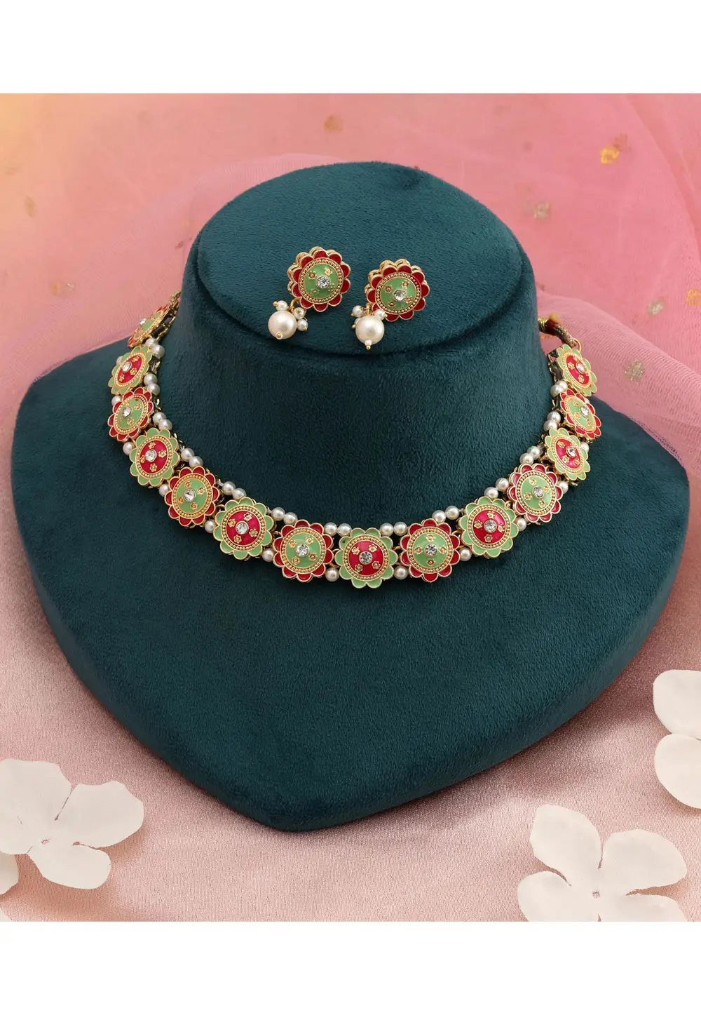 Pista Green Alloy Necklace With Earrings 336696