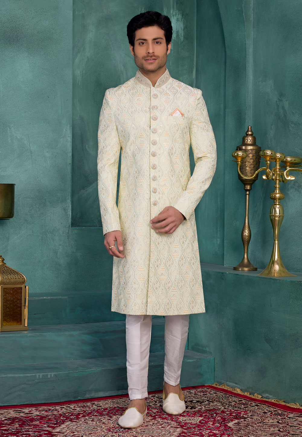Pista Green Art Silk Achkan Style Sherwani 327055