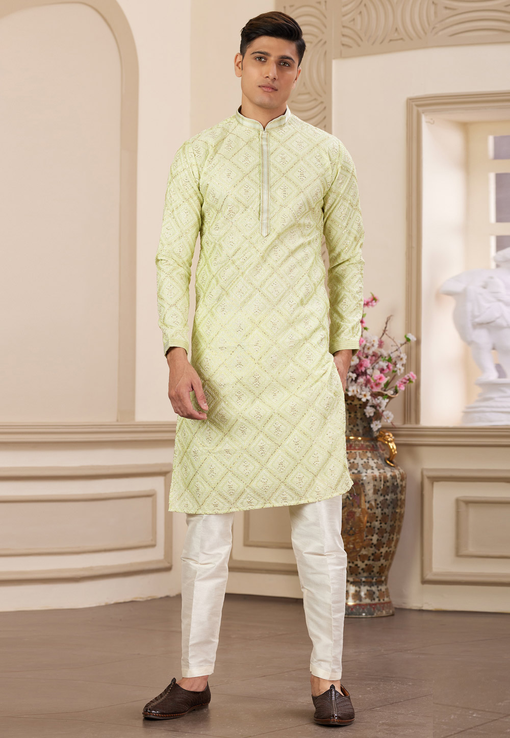 Pista Green Art Silk Kurta Pajama 308563