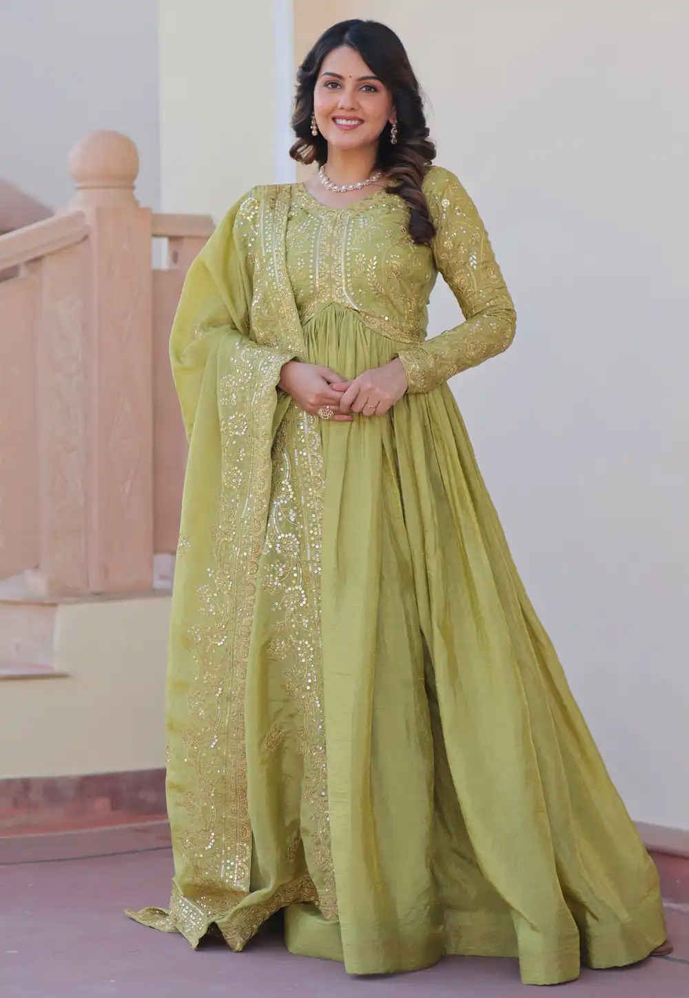 Pista Green Art Silk Readymade Anarkali Suit 313508