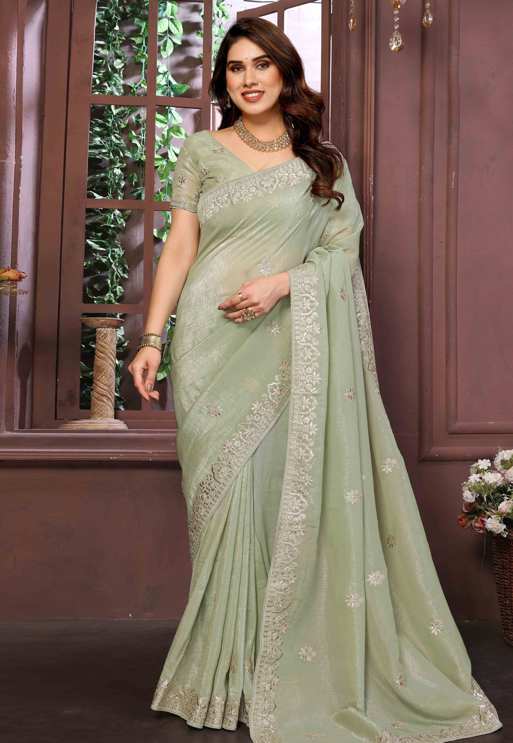 Pista Green Art Silk Saree With Blouse 312454