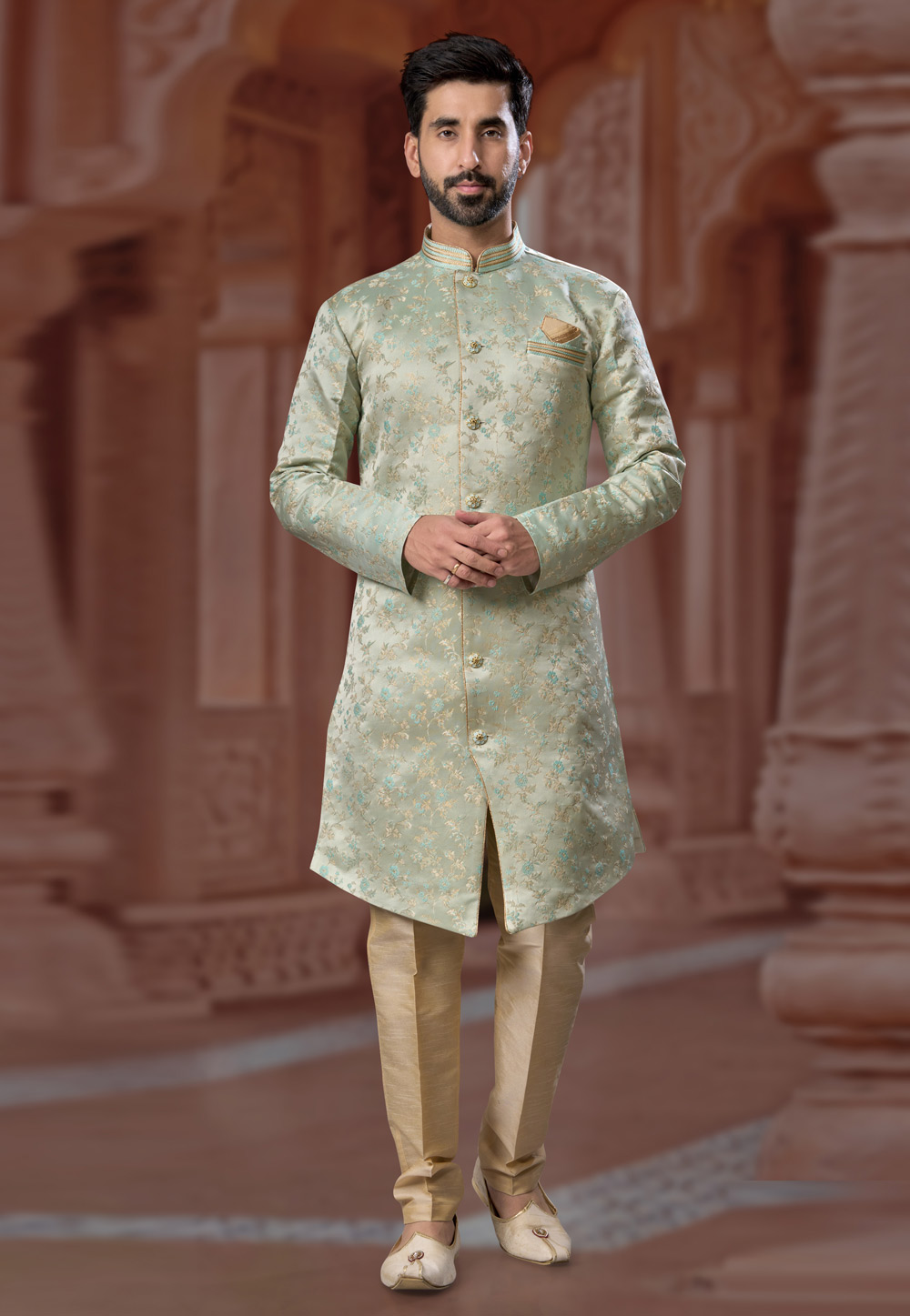 Pista Green Banarasi Jacquard Indo Western Sherwani 282245