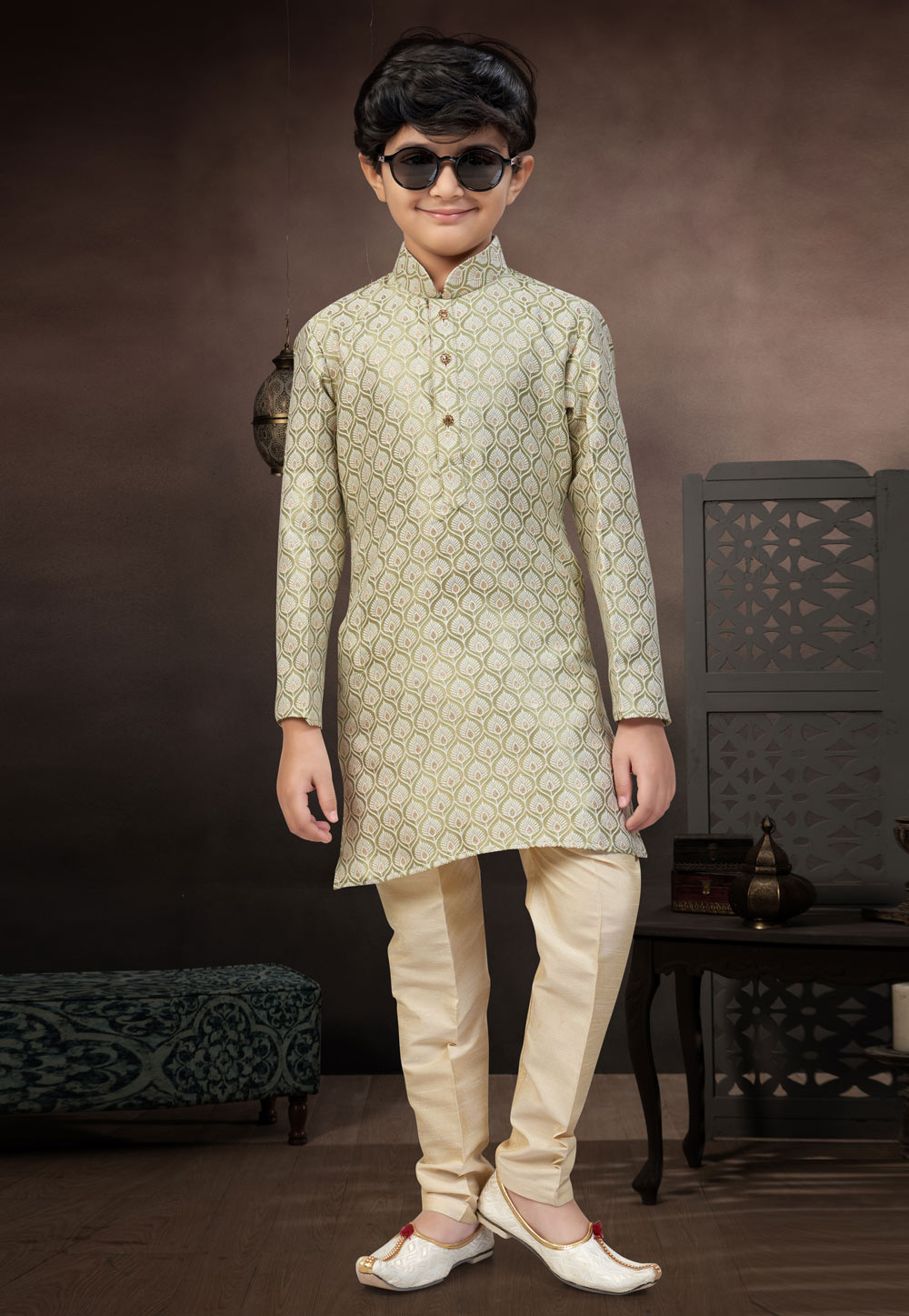 Pista Green Banarasi Jacquard Kids Kurta Pajama 324282