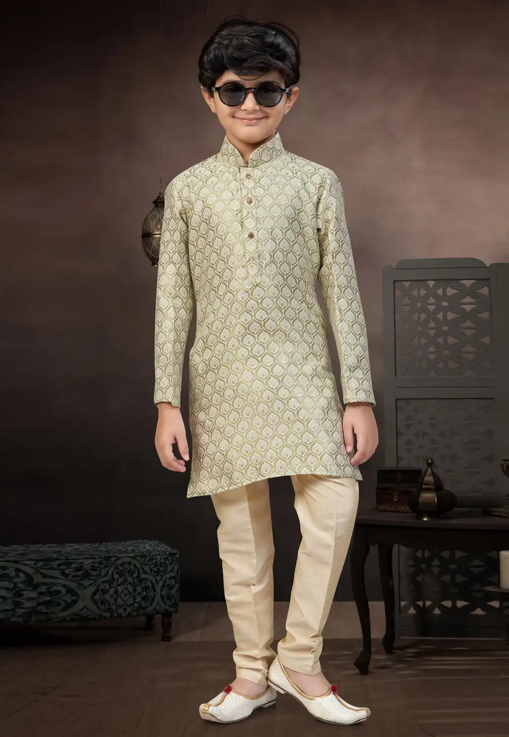 Pista Green Banarasi Jacquard Kids Kurta Pajama 324282
