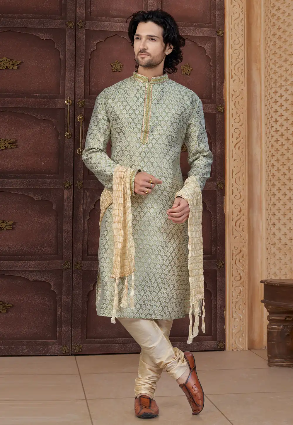 Pista Green Banarasi Jacquard Kurta Pajama 317851