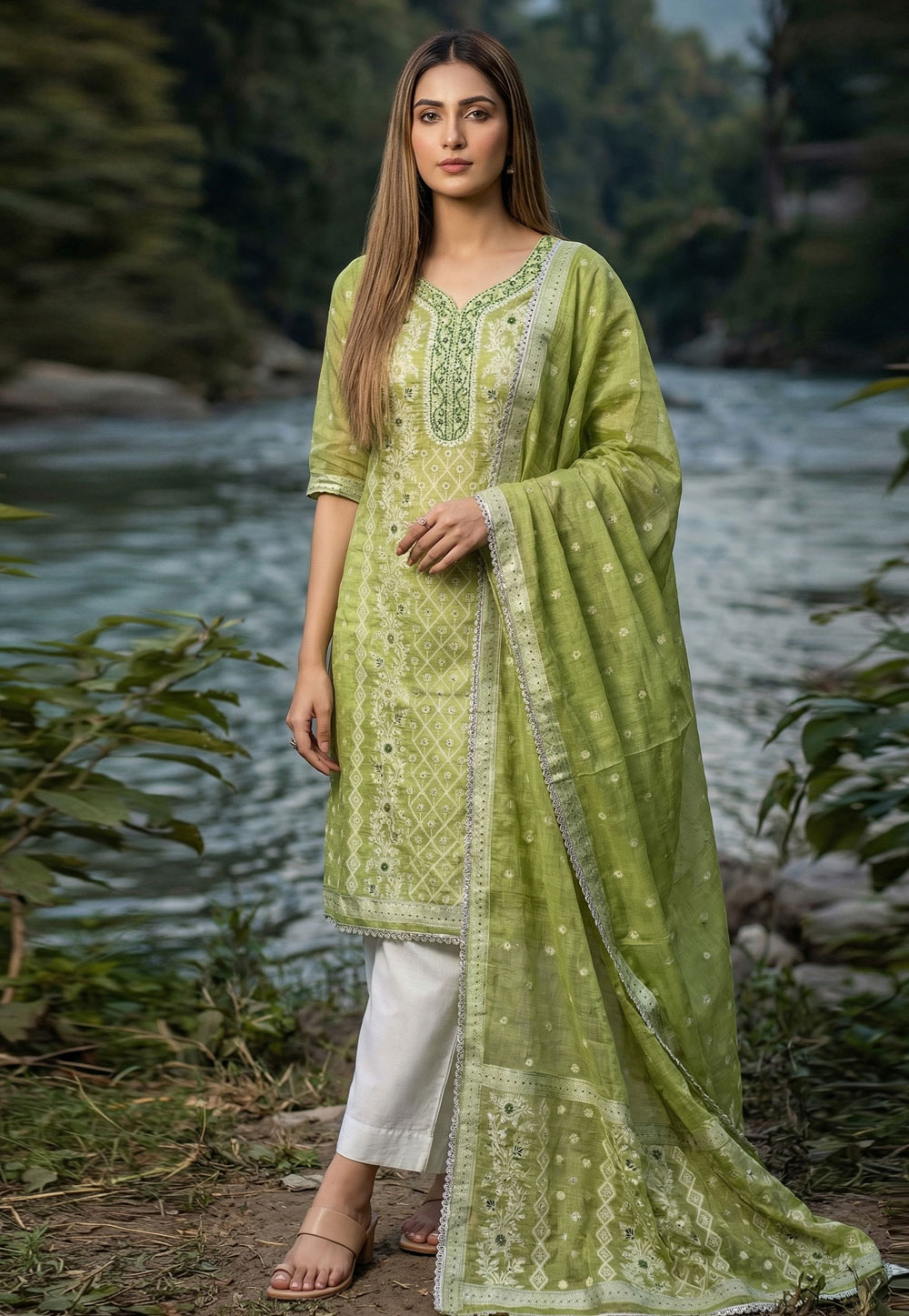 Pista Green Banarasi Pant Style Suit 326446