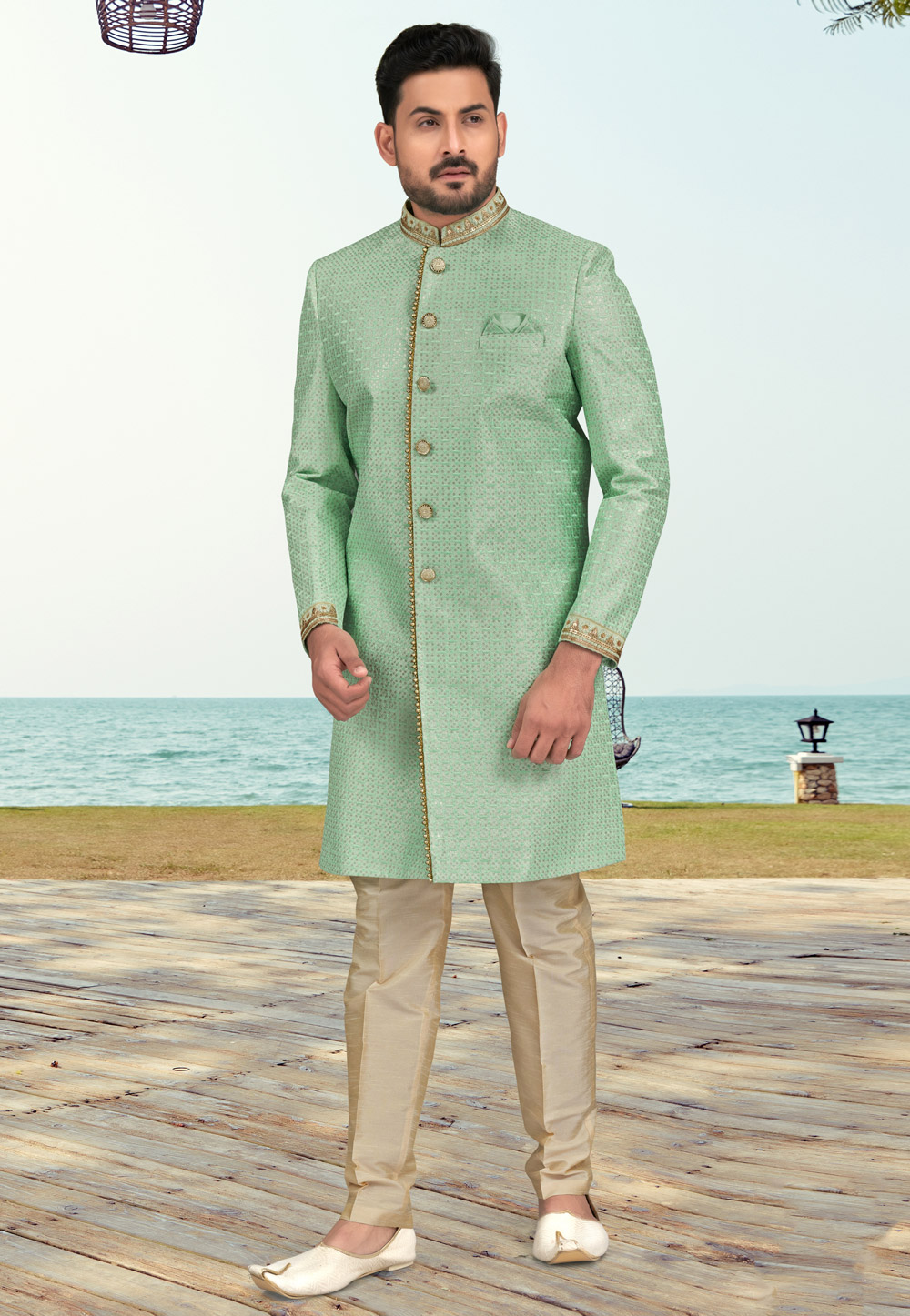 Pista Green Banarasi Silk Indo Western Sherwani 279731