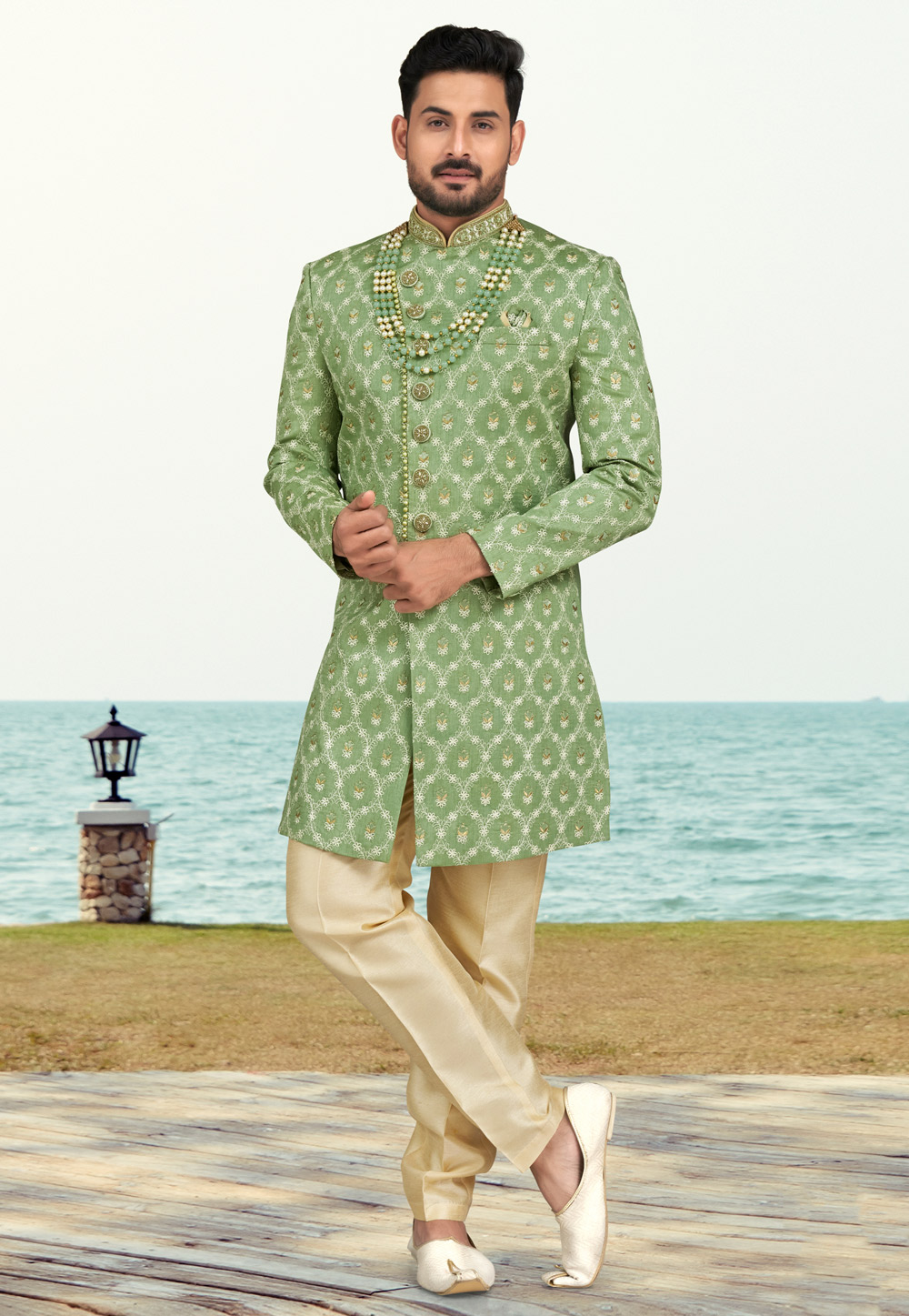 Pista Green Banarasi Silk Indo Western Sherwani 279736