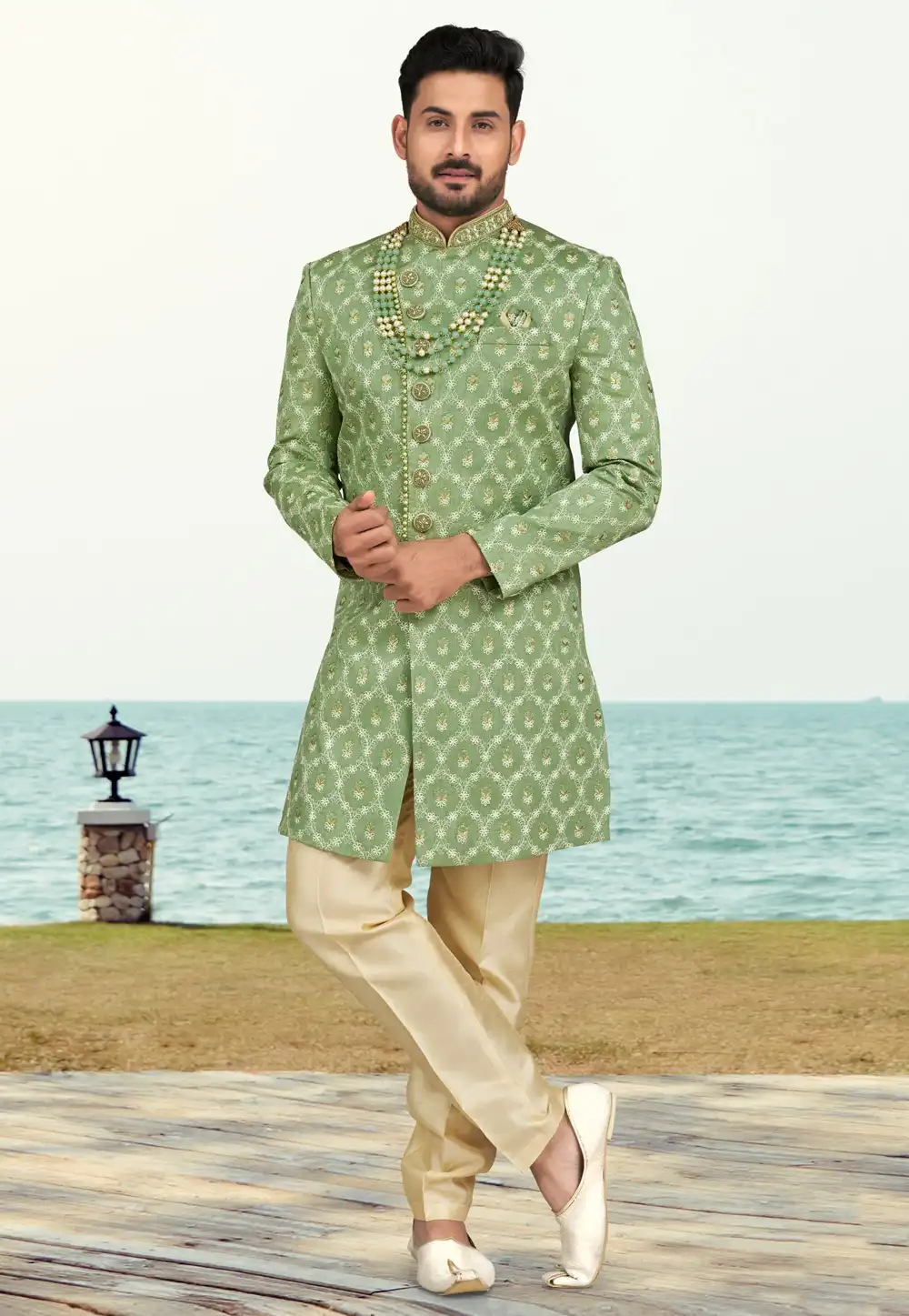Pista Green Banarasi Silk Indo Western Sherwani 279736