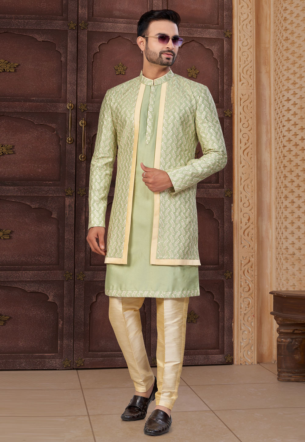 Pista Green Banarasi Silk Indo Western Suit 322887