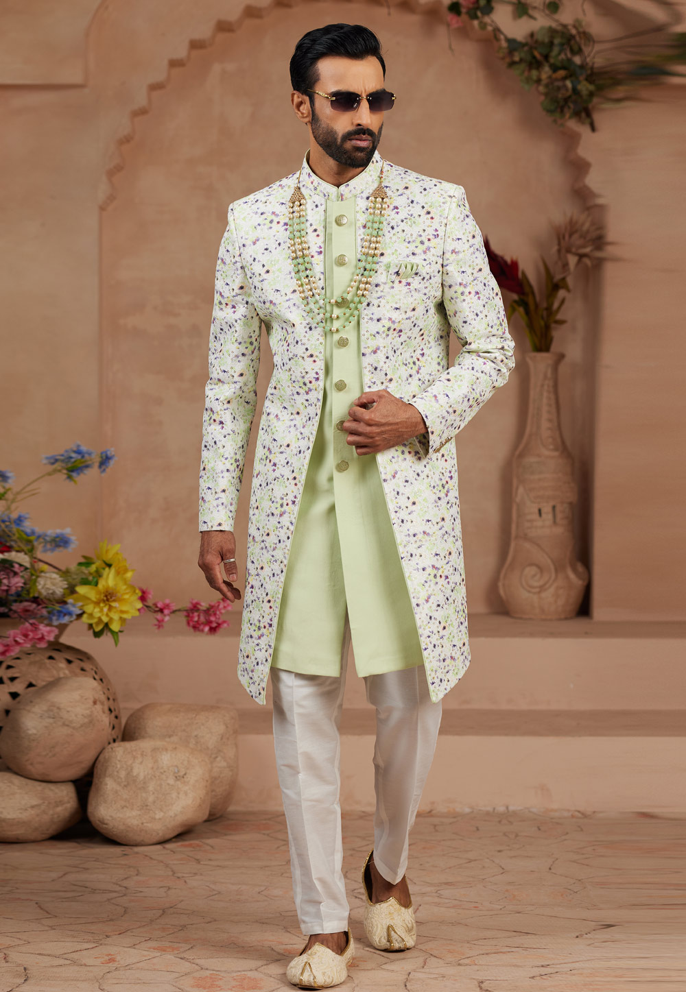 Pista Green Banarasi Silk Jacket Style Sherwani 306720