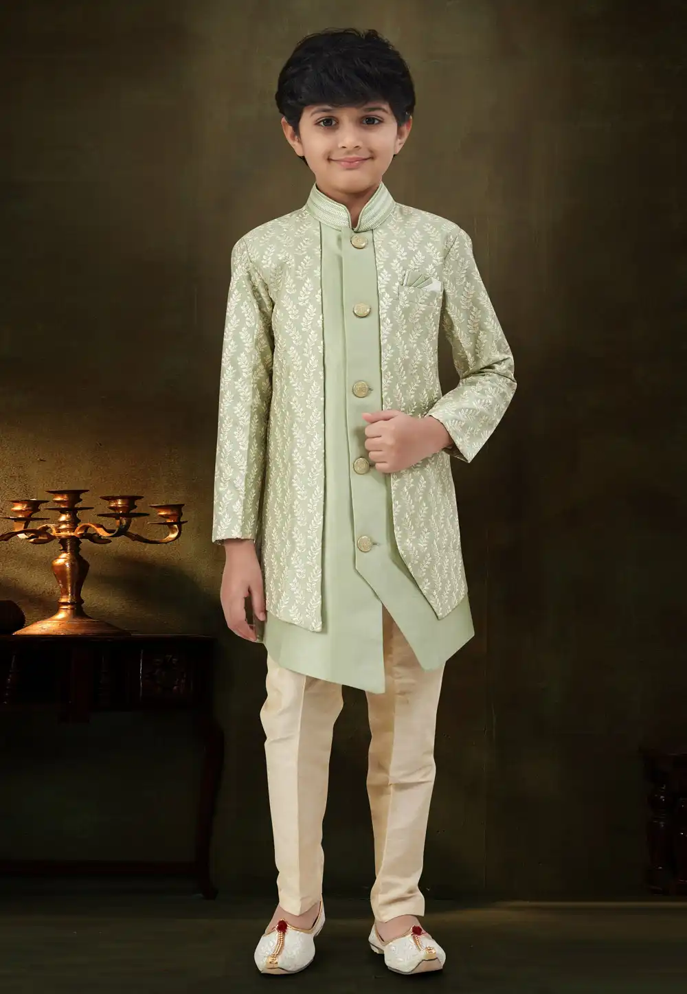 Pista Green Banarasi Silk Kids Indo Western Suit 324261