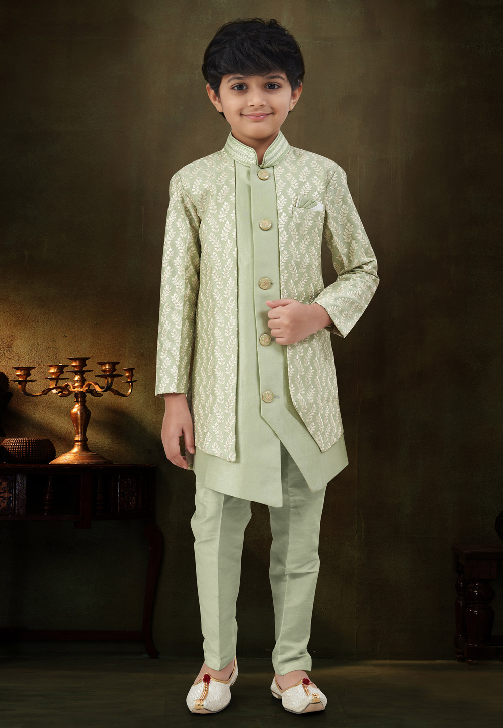 Pista Green Banarasi Silk Kids Indo Western Suit 328719