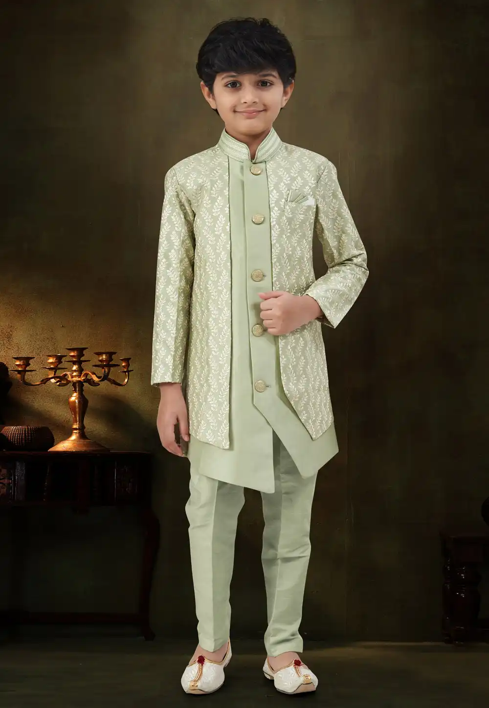 Pista Green Banarasi Silk Kids Indo Western Suit 328719