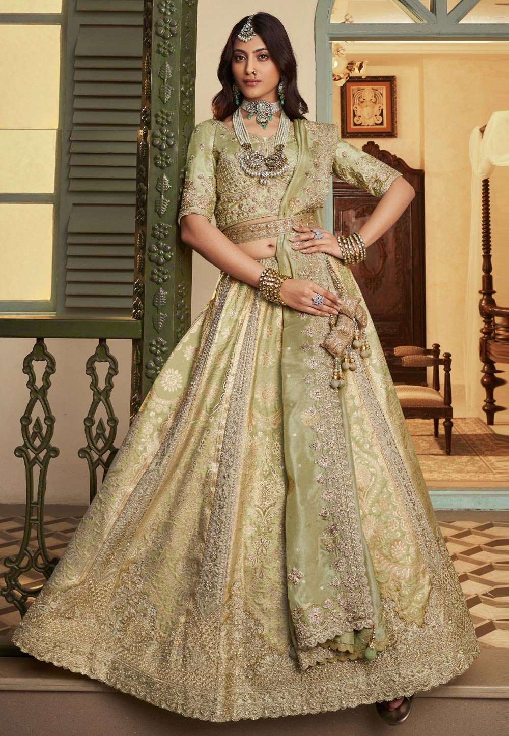Pista Green Banarasi Silk Lehenga Choli For Wedding 323928