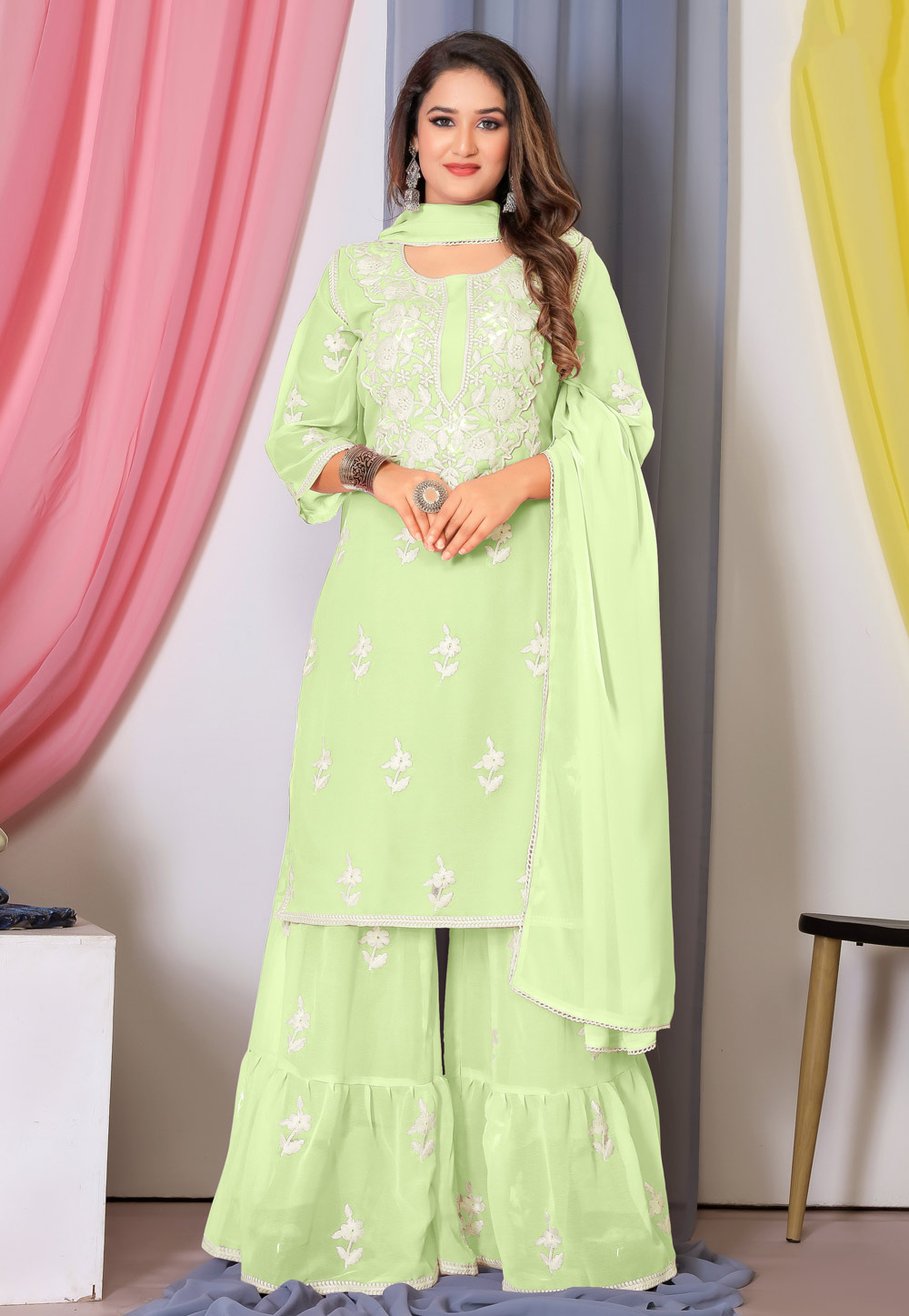 Pista Green Bemberg Georgette Gharara Suit 287571