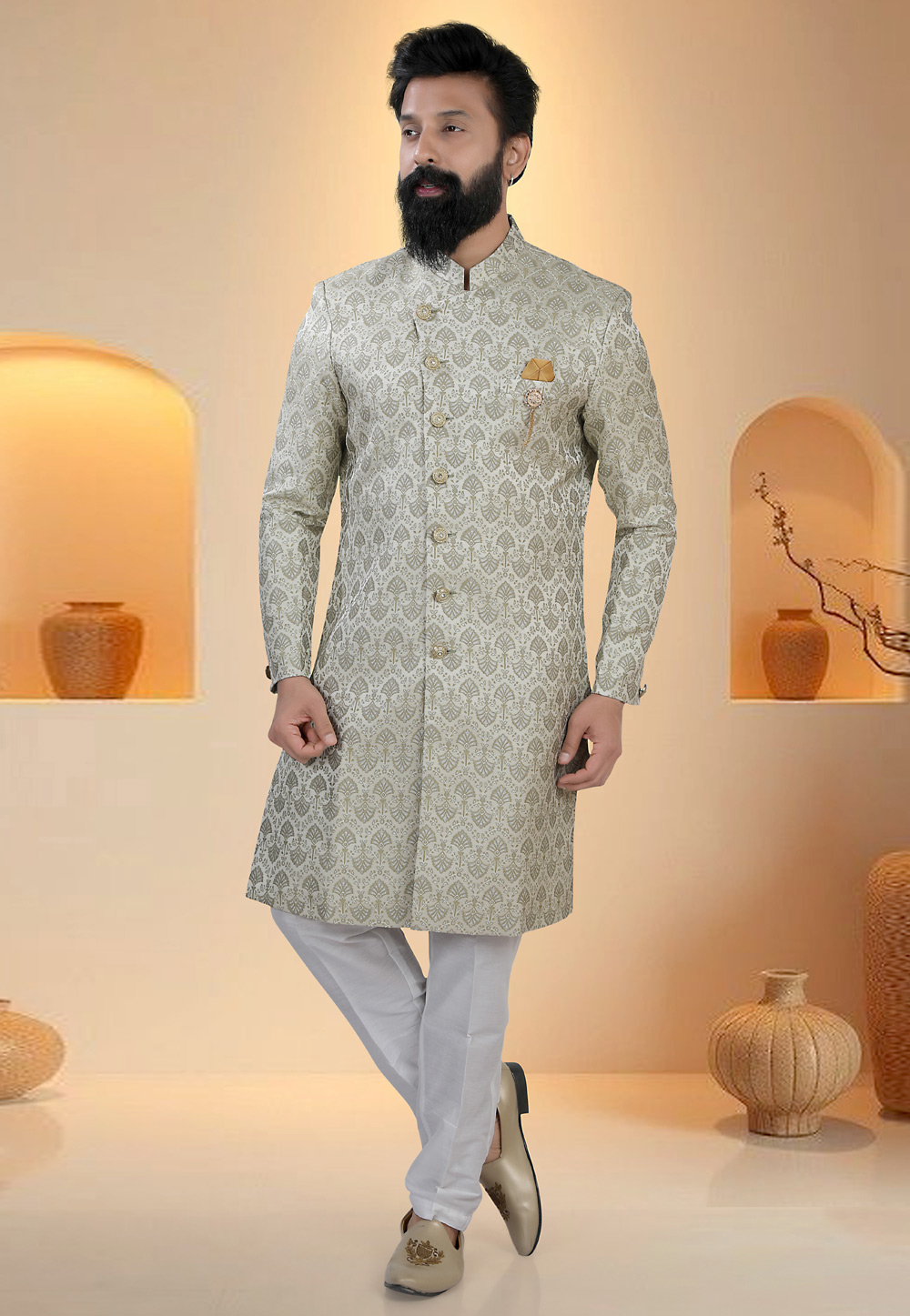 Pista Green Brocade Indo Western Suit 321296