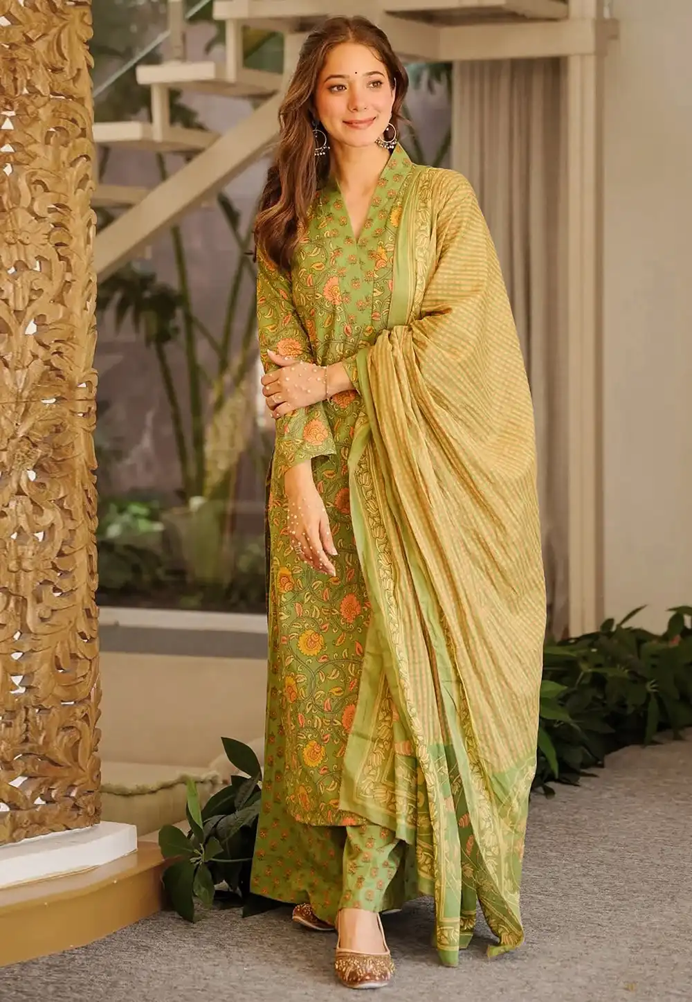 Pista Green Cambric Cotton Readymade Pakistani Suit 328499