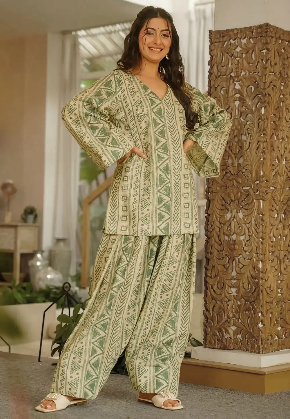 Pista Green Cambric Cotton Readymade Palazzo Suit 326891